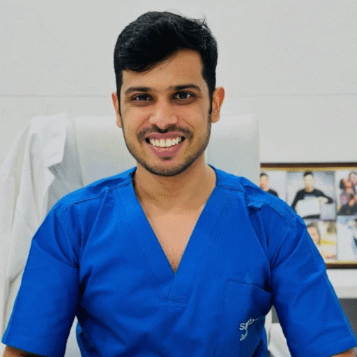 Smiling person in blue medical scrubs
